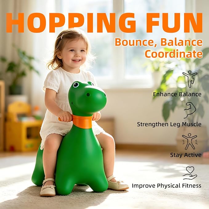 Bouncy Dinosaur Hopper Horse for Toddlers, Bouncy Animals Hopping Jumping Toys, Ride on Toys Indoor Outdoor Inflatable Birthday Gifts for Girls Boys 18 Months 2 3 4 5 6 Year Old, Green