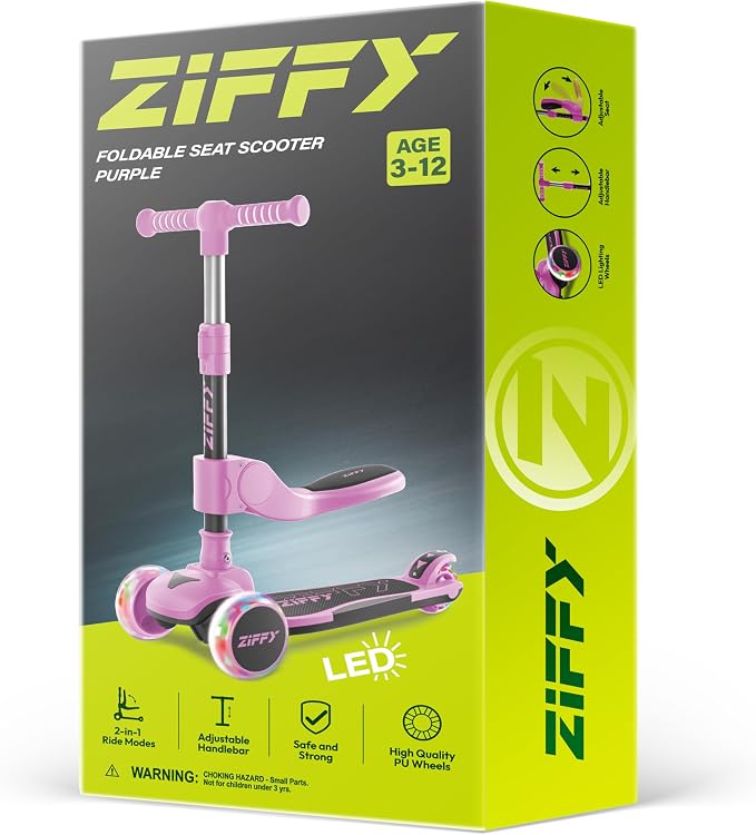 JOVA ZIFFY 2-in-1 Toddler Scooter with Seat, 3 Wheel Scooter for Kids 3-5 6-12, Foldable Light-Up Kid Scooters for Boy Girl 110 Lbs, Anti-Slip Deck, 3 Adjustable Height Handlebar, Kids Riding Toys