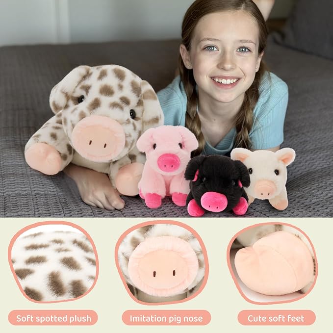 MorisMos Spotted Pig Stuffed Animal Set,20'' Large Mama and 3 Baby Piglet Stuffed Animals for Girl Boy,4 Pack Plush Pig Toys Gifts for Kid,Piglet Lover, Cute Piggy Decor for Birthday Party Christmas
