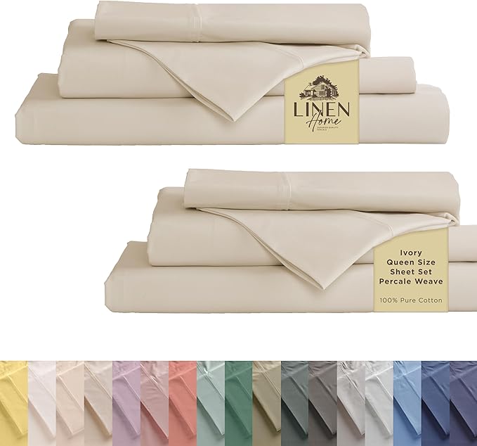 Linen Home 2-Pack Queen Sheet Set, 100% Cotton Percale Bedding, 8-Piece Value Bundle, Deep Pocket Cooling Bed Sheets for Hot Sleepers, Breathable & Crisp Hotel Quality, Long-Staple Cotton, Ivory