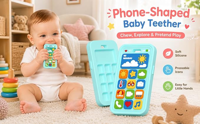 Baby Teething Toys Silicone Baby Phone Teether Over 3 Months - Sensory Chew Toys Baby Teether for Teething Relief - BPA Free Infant Toys Baby Shower Gifts (1, Blue)