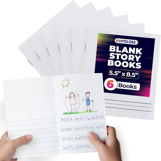 Hygloss Half Blank Books for Kids to Write Stories & Illustrate – Bulk 6 Pack – 5.5" x 8.5" A5 – Primary Journal for Grades K-2, Preschool/Kindergarten Notebook with Picture Space – 24 Pages, White