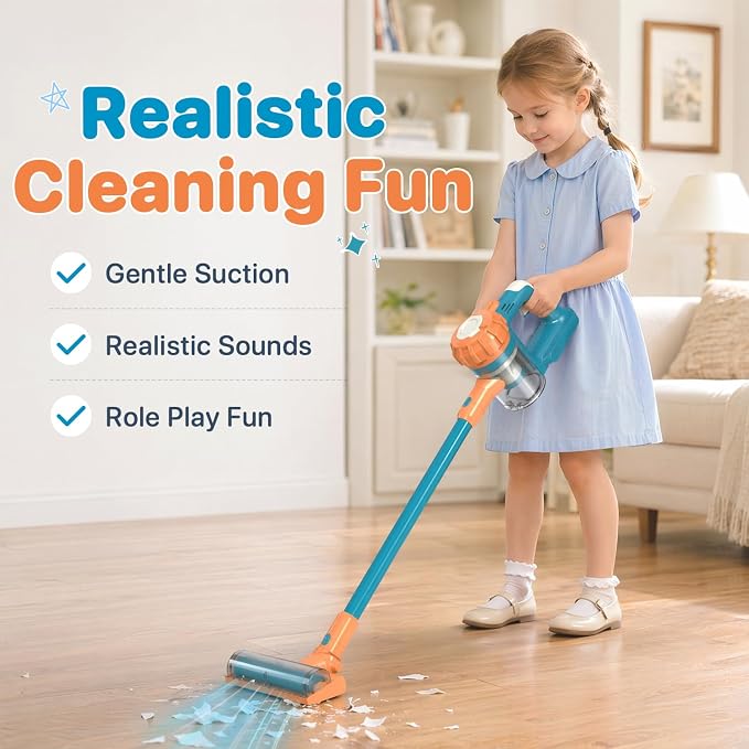 3-in-1 Kids Vacuum that Really Works - Toddler Vacuum Cleaner with Real Suction, Pretend Play Housekeeping & Cleaning Toy Set for Kids Ages 3+ (Blue)