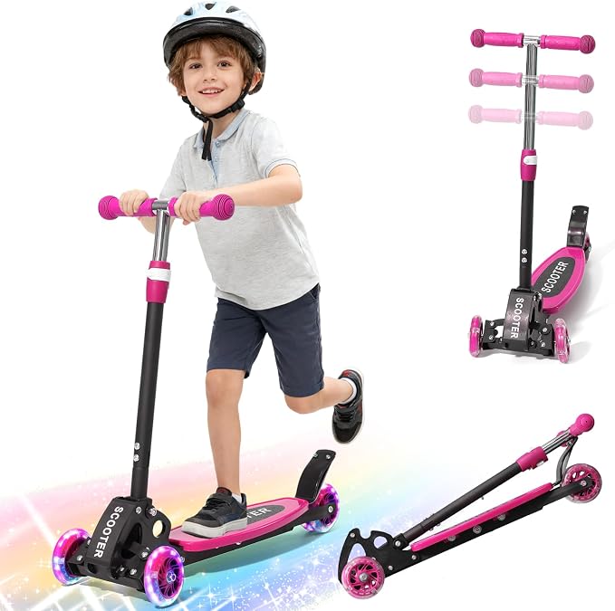 Scooter for Kids 3-5 5-7,Light up 3 Wheels Kick Scooter,Heavy Duty Folding Lean-to-Steer Scooters with 3 Adjustable Handlebar for Boys Girls,Widen Anti-Slip Deck,Rear Break,Holds up to 150Lbs