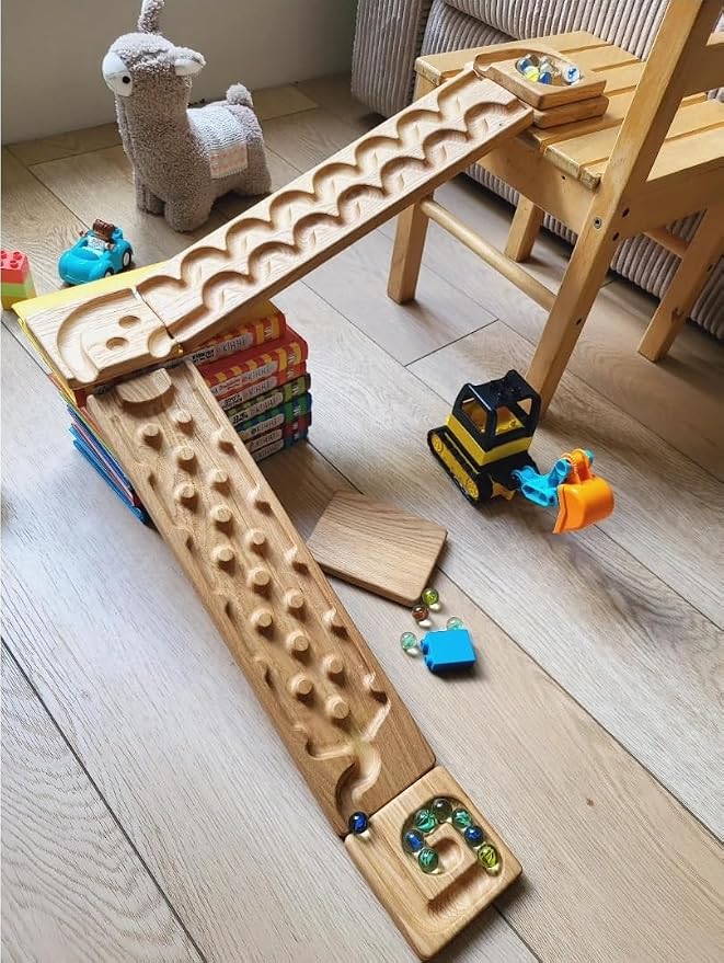Wooden Marble Run Track Set of 2 Wind+Rocks Race Set Wooden Maze Board Ball Run Montessori STEM Toy Gift for Kids Wave Course Winding Roller Track Game (Wind+Rocks)