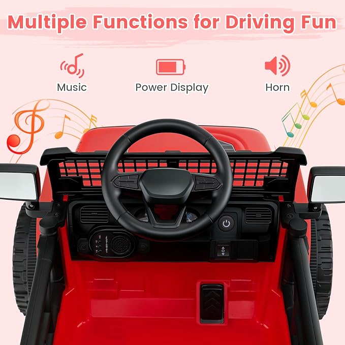 OLAKIDS 12V Ride On Truck, Battery Powered Electric Vehicle for Kids with Remote Control, Foldable Reflective Mirror, Spring Suspension, Music, LED Lights, Ride on Toy for 3+ Boys Girls (Red)