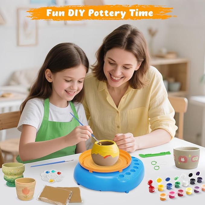 Pottery Wheel for Kids with Complete Clay Kit,Beginner Pottery Painting Set with Air Dry Clay,12 Paints,Sculpting Tools,Apron and Guide,Arts and Crafts Christmas Birthday Gift for Girls Boys Ages 6-12