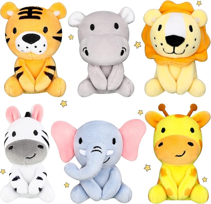 Aoriher 6 Pcs Small Stuffed Animals, 4 Inch Mini Stuffed Woodland Safari Animals Including Lion, Giraffe, Elephant, Tiger, Hippo for Baby Shower, Birthday Party Decorations and Student Rewards(Lovely)