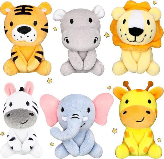 Aoriher 6 Pcs Small Stuffed Animals, 4 Inch Mini Stuffed Woodland Safari Animals Including Lion, Giraffe, Elephant, Tiger, Hippo for Baby Shower, Birthday Party Decorations and Student Rewards(Lovely)