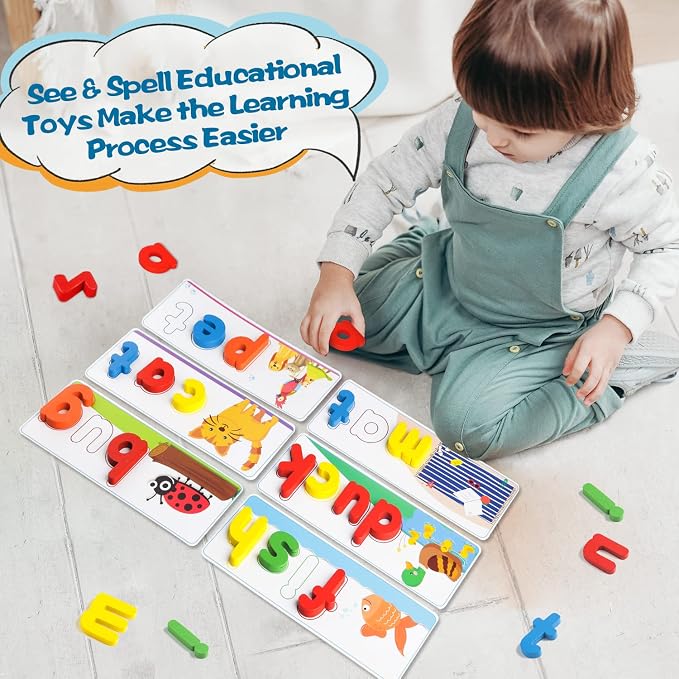 Learning Educational Toys for 3 4 5 6 Years Old Boys Girls, See & Spell Matching Letter Game with Alphabet Cards for Kids, Preschool CVC Word Builders Toy, Christmas Birthday Gifts for Age 3-4 4-6