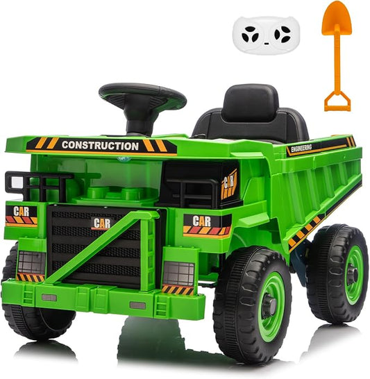 12V Ride On Dump Truck Kids Ride On Car for Kids, Battery Powered Electric Car with Remote Control, Electric Dump Bed, Wear-Resistant Tires, 4 Wheels Tractor Ride On Toys, Green