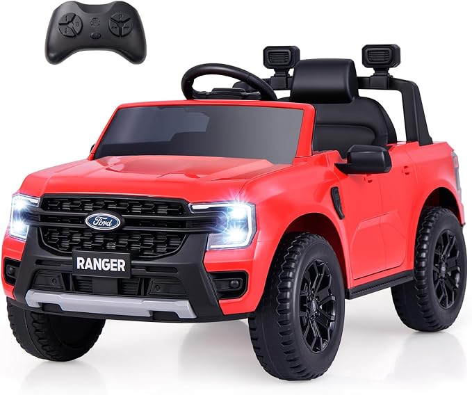 Licensed Ford Ranger Ride on Pickup Truck by INFANS, 12V Battery Powered Electric Vehicle for Kids with Remote Control, Headlight, Power Display, Bluetooth, MP3, Music, Aged 3-6 Years (Red)