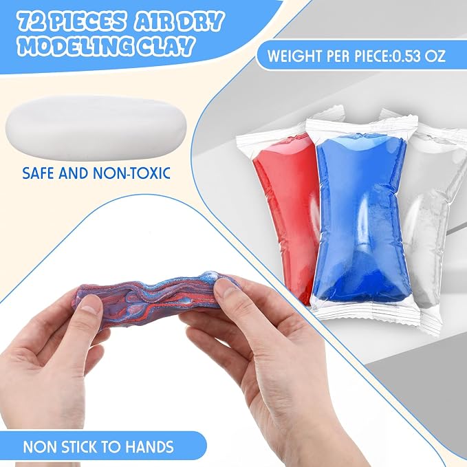 WinnerWhy 72 Pcs 38oz Air Dry Modeling Clay Ultra Light Modeling Clay for Kids DIY for Sculpting Air Dry School Gift (White, Red, Blue)