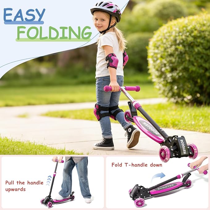 Toddler Scooter, 3 Wheels for Kids 2-7 Year Old LED Lighted, Folding Lean-to-Steer Kids Scooter with 3 Adjustable Handlebar for Boys Girls, Blue