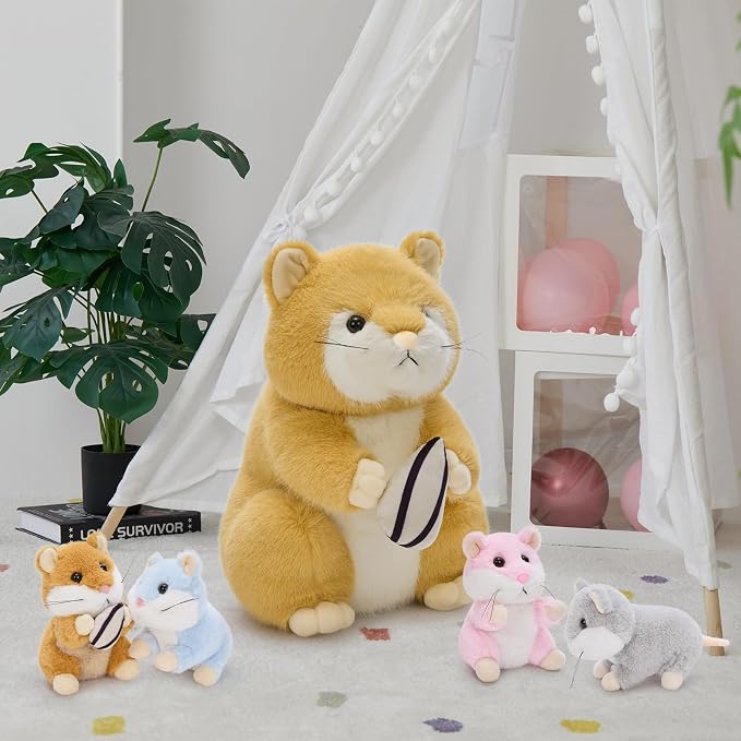 MorisMos Realistic Hamster Stuffed Animal with 4 Surprise Squeaky Babies - 13" Mama Plush Hamster Toy for Kids Girls Boys Birthday Christmas, Educational Family Role Play Gift for Birthday Christmas