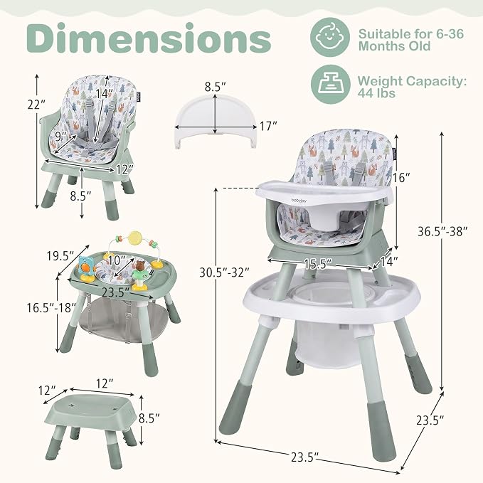 BABY JOY 16 in 1 High Chair, Convertible Baby Highchair for Babies and Toddlers with Activity Center, Booster Seat, Building Block Table, Toddler Chair with Safety Harness, Removable Tray (Green)