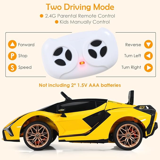 OLAKIDS Kids 12V Licensed Lamborghini SIAN Ride On Car, Electric Vehicle for Toddler with Control Remote, Battery Powered Toy with Music, 2 Speeds, Suspension, LED Lights, Bluetooth (Yellow)