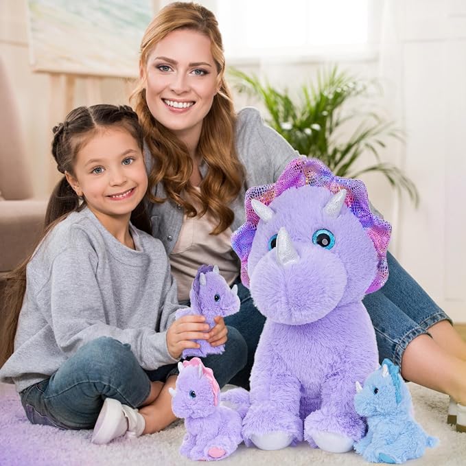 MaoGoLan Purple Triceratops Stuffed Animal, 21" Mommy Stuffed Dinosaur with 3 Babies, Soft Triceratops Plush Toy, Huggable Dinosaur Family for Room Decor, Christmas Birthday Gifts for Kids Boys Girls