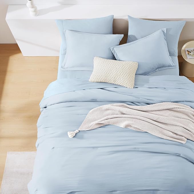 WRENSONGE Twin Comforter Set- 5 Pieces Ice Blue Twin Bed in a Bag, All Season Twin XL Bedding Sets with 1 Fitted Sheet, 1 Flat Sheet, 1 Pillow Sham and 1 Pillowcase