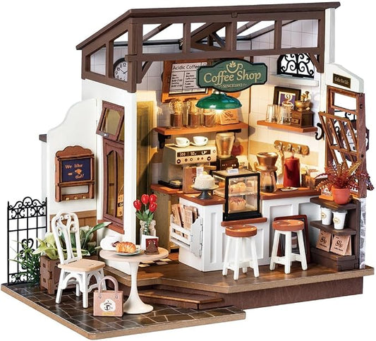 Rowood Coffee Miniature House Kit, Mother's Day DIY Miniature Dollhouse Kits for Adults to Build, Wooden Mini House Model Kits Adults Crafts with LED, Gift on Christmas Birthday for Family-NO.17 Cafe