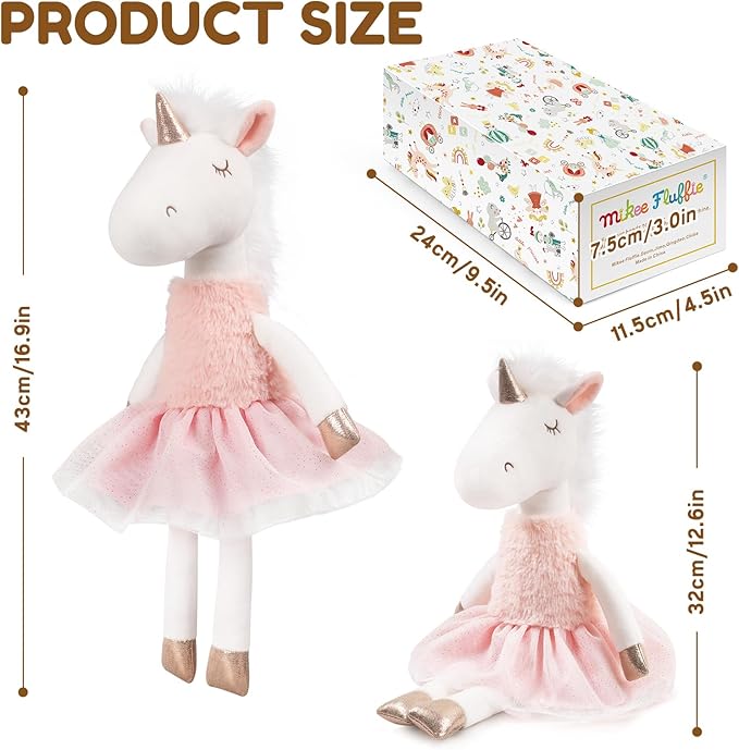 Mikkee Fluffie 15" Ballerina Unicorn Plush - Magical Stuffed Animal with Gold Horn & Hooves, Sparkling Tulle Tutu Skirt - Whimsical Keepsake Gift for Girls, Nursery Decor, Prima Ballerina Doll