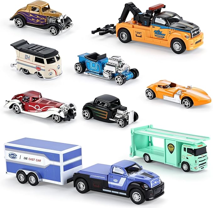 haomsj Car Toys for Kids 9 PCS Playsets Tow Truck Toy and City Carrier Vehicle,Transport Truck with Die Cast Metal Racing Cars for Boys and Girls Age 3-5 Years