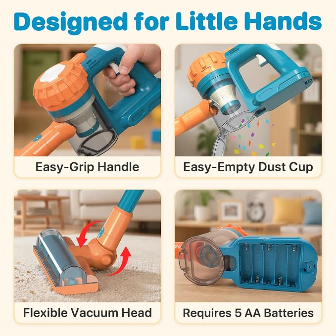 3-in-1 Kids Vacuum that Really Works - Toddler Vacuum Cleaner with Real Suction, Pretend Play Housekeeping & Cleaning Toy Set for Kids Ages 3+ (Blue)
