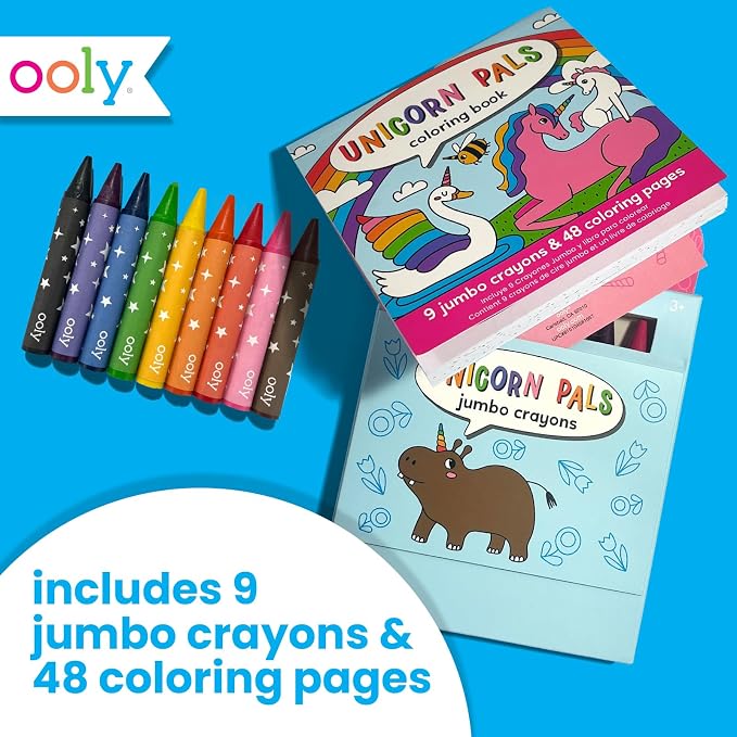 Ooly Kids Travel Activity Kit – 9 Jumbo Crayons & 48 Coloring Pages, Car Crafts for Kids, Mess-Free Road Trip Art Set, Airplane Activities – Unicorn Pals