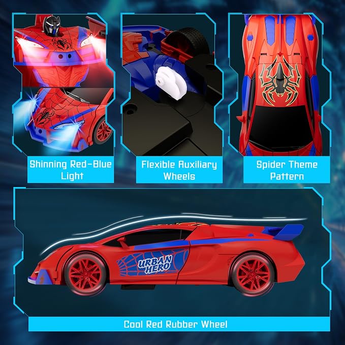 Qumcou Spider Toys for Boys 4-6, Remote Control Car, One-Button Transform Superhero Toys, 2.4Ghz RC Cars, 360° Spin,1:16 Scale, Shinning Red and Blue Light, Birthday Gifts for Boys, Boy Toys Age 6-8