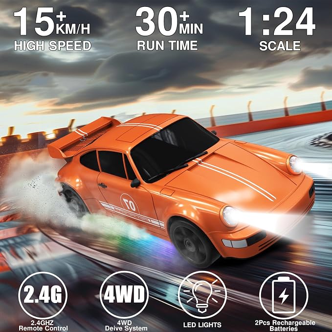 RC Drift Car 1:24 Remote Control Car 4WD 15KM/H High Speed Racing Sport Car with LED Lights RC Cars Toy for Kids Boys Girls Adults Gifts Birthday Christmas Rechargeable Batteries