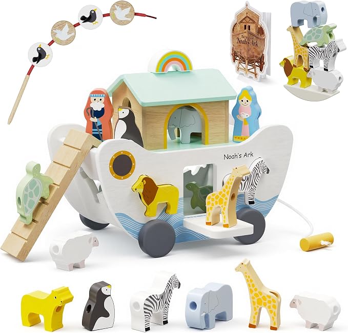 HASHMUST Wooden Noah's Ark Toy for 1 Year Old Baby Boy and Girl Gift - Pull Along Toddler Montessori Toy with Animal Shape Sorter Stacker for 1-3 Christmas Birthday Preschool Baptism Gift
