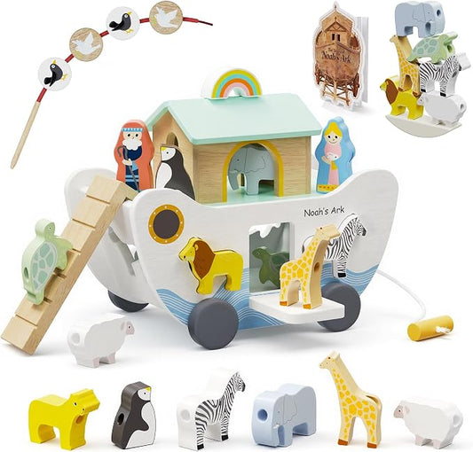 HASHMUST Wooden Noah's Ark Toy for 1 Year Old Baby Boy and Girl Gift - Pull Along Toddler Montessori Toy with Animal Shape Sorter Stacker for 1-3 Christmas Birthday Preschool Baptism Gift