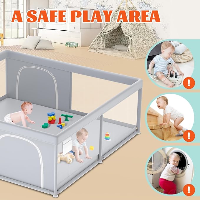 XVISHX Baby Playpen, 79''x79'' Extra Large Playpen for Babies and Toddlers, Baby Fence Play Pen for Indoor & Outdoor, with Soft Breathable Mesh Grey