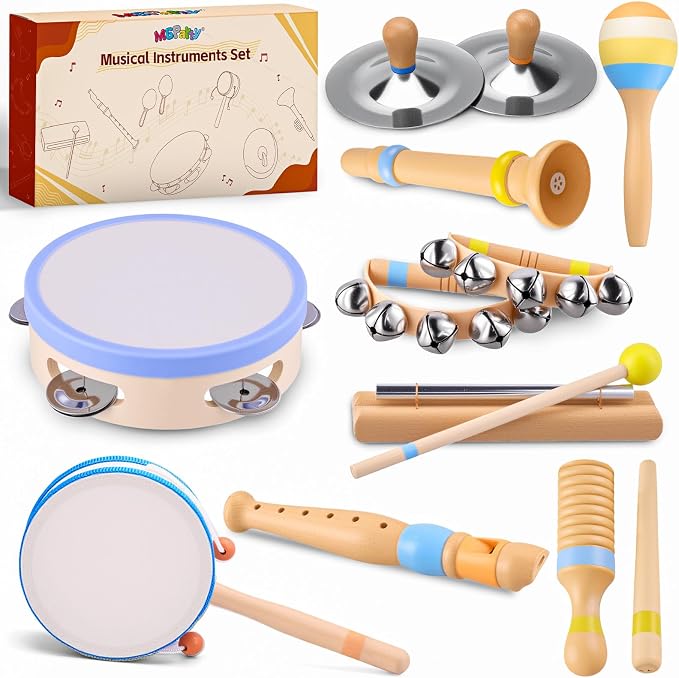 Baby Musical Instruments for Toddlers 1–3, Montessori Wooden Music Set with Drum Flute Clarinet Bells Cymbals, Toddler Musical Instruments Educational Kids Toys Birthday Gifts for Boys Girls