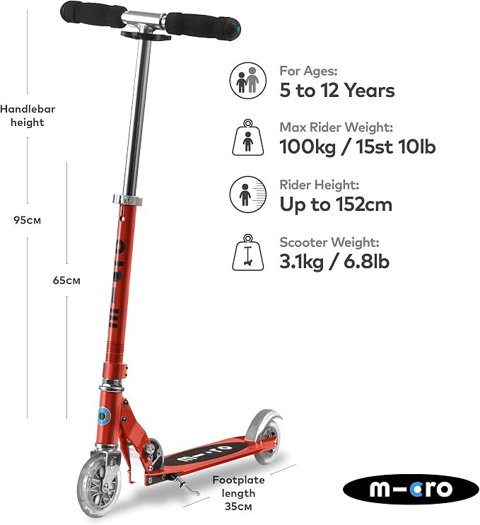 Micro Kickboard | Sprite Foldable Kid & Teen Scooter for Ages 6+ | Children up to 220 lbs | 2 Wheel | Compact for Travel & Storage | Adjustable T Bar | Smooth Ride PU Wheels | Swiss Design
