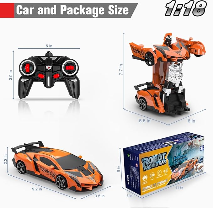 BLUEJAY Transform Rc Cars for Boys 4-7 8-12, 2.4Ghz 1:18 Scale Remote Control Car Transforming Robot, One-Button Deformation 360° Rotation and Drift Car Toy Gifts for Boys 3-5 (Orange)