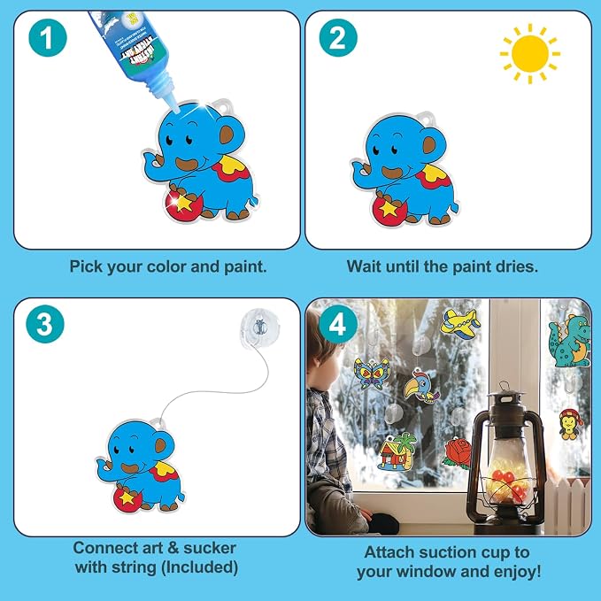 Window Paint Art, 36 Suncatchers Double Craft Kit for Kids – Children’s Make Your Own Fun Suncatcher Set Suction Cups DIY Car & Mirror Arts Crafts Children