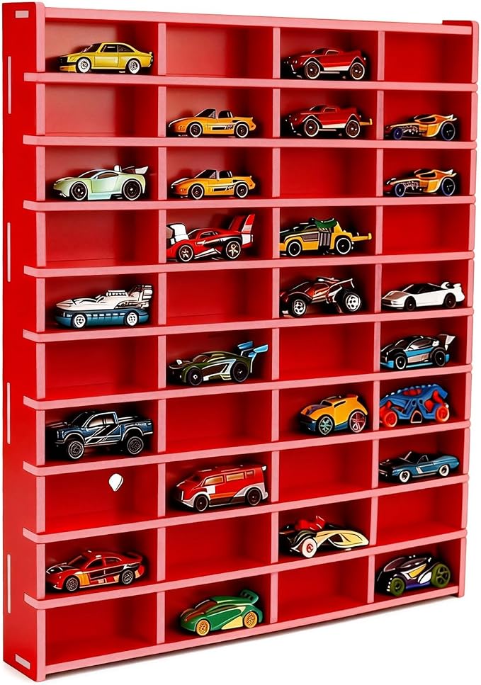 Krafetto Toy Car Display Shelf, Holds 40 Diecast 1/64 Toys Car, Wall Mount Model Cars Storage Organize Case (red 1/64 Toy Car Display Shelf)