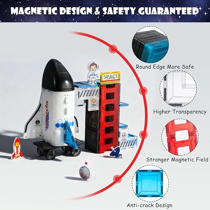 VROGTIK Magnetic Tiles 30 PCS Space STEM Building Blocks Set, Rocket Ship & Space Station Magnetic Construction Toy with Astronaut Figure, Educational Toy for Kids Ages 3-8