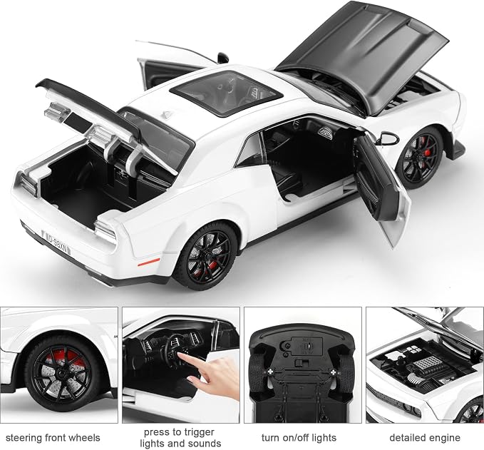 Toy Cars for Boys Age 3-12 1:24 Diecast Car Toys Metal Car Model with Light & Sound Collectable Muscle Super Cars for Kids (White)