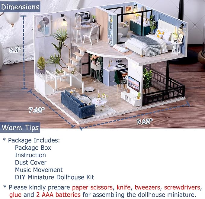TuKIIE DIY Miniature Dollhouse Kit with Furniture, 1:24 Scale Creative Room Mini Wooden Doll House Accessories Plus Dust Proof & Music Movement for Kids Teens Adults(Satisfied Time)