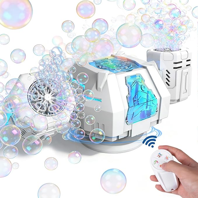 Upgraded Mecha Style Bubble Machine, Rechargeable Type-C Powered Bubble Blower with Remote Control, 360° Automatic Rotation & RGB Lights, 35k+ Bubbles/Min, Bubbles for Kids, Parties, Weddings, Outdoor