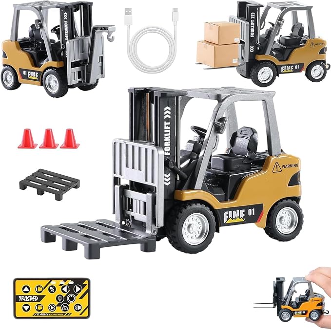GRANTLEY Remote Control RC Forklift Cranes,1/64 Mini Rechargeable Forklift Truck,2 in 1 Transform Lift Fork & Hook, w/Boxes/Sound and Light, Forklift Toy RC Construction Vehicles Toy Gift for Kids