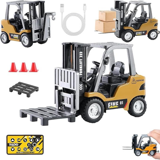 GRANTLEY Remote Control RC Forklift Cranes,1/64 Mini Rechargeable Forklift Truck,2 in 1 Transform Lift Fork & Hook, w/Boxes/Sound and Light, Forklift Toy RC Construction Vehicles Toy Gift for Kids