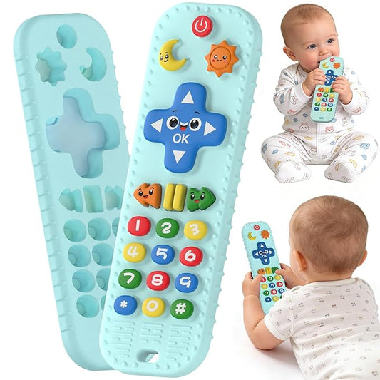 Baby Teething Toys Silicone Baby Remote Teether Over 3 Months - Baby Essentials Sensory Chew Toys - Baby Teether for Teething Relief - BPA Free Infant Toys Baby Shower Gifts (1, Blue)