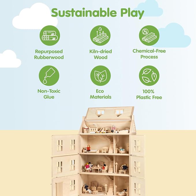 PlanToys® Grand Victorian Dollhouse | Wooden 4-Floor Dollhouse for Kids 3Y+ | Includes Attic, Opening Panels & Sliding Sashes | Encourages Imaginative Play & Social Interaction