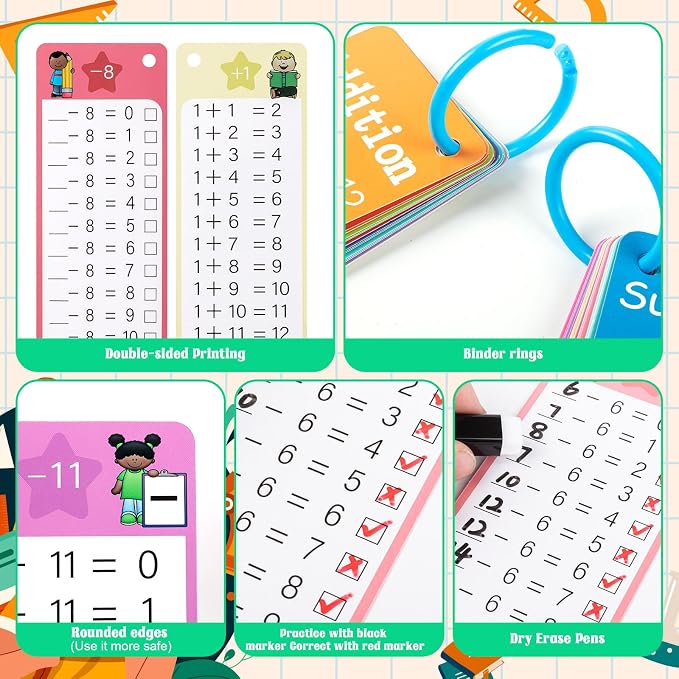 30Pcs Addition and Subtraction Flash Cards, Math Flash Card with 4 Dry Erase Pens 2 Rings, Time Table Flash Cards for 1st to 3rd Grades Fun Learning with Math Game