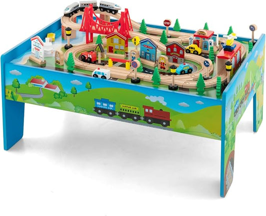 HONEY JOY Train Table, Wooden Kids Activity Table w/ 80 Multicolor Pieces, Tracks, Trains, Cars, Toddler Toy Train Table Set w/Reversible Tabletop, Gift for Boys Girls Ages 18 Months+ (Blue)