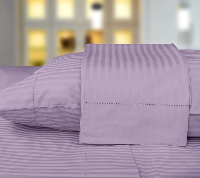 Threadmill 100% Cotton Sheets for Twin XL Mattress| 600 Thread Count Twin XL Bed Sheets Set with 15” Deep Pocket | Damask Stripe Sateen Weave 3-Piece Bedding Set with Cooling Effect | Lilac