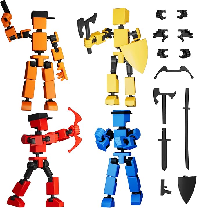 4PCS Mini Titan T-13 Action Figures Set, Assembly Completed Luck Dummy Robot 13 Action Figure Toys for Boys Stick Figures with Multi Joints Movable Fidget Gifts for Kids(Yellow+Orange+Blue+Red)